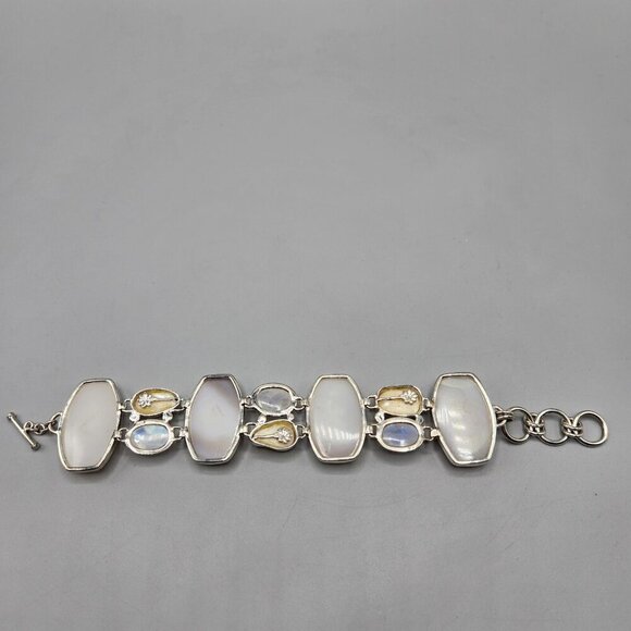 Sajen Druzy Bracelet Iridescent White Blue Pearl Chunky Link 925 Sterling Silver - Picture 8 of 14